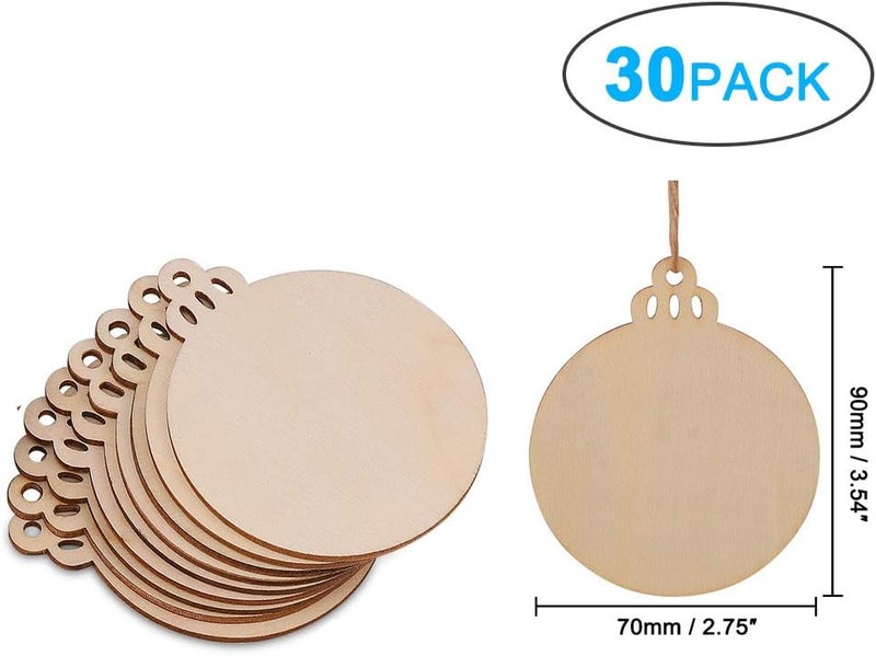 Tmflexe 30 Pcs Unfinished Paintable Blank Wooden Christmas Festival Decoration Ornaments, Xmas Tree Hanging Wood Slices for Kids DIY Art Crafts - Image 4