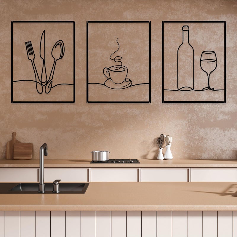 Otoolling 3 Pieces Metal Minimalist Line Kitchen Signs Wall Decor Drawing Rustic Kitchen Wall Art for Kitchen Dining Living Room Home, 14 x 11 Inches (Black) - Image 4