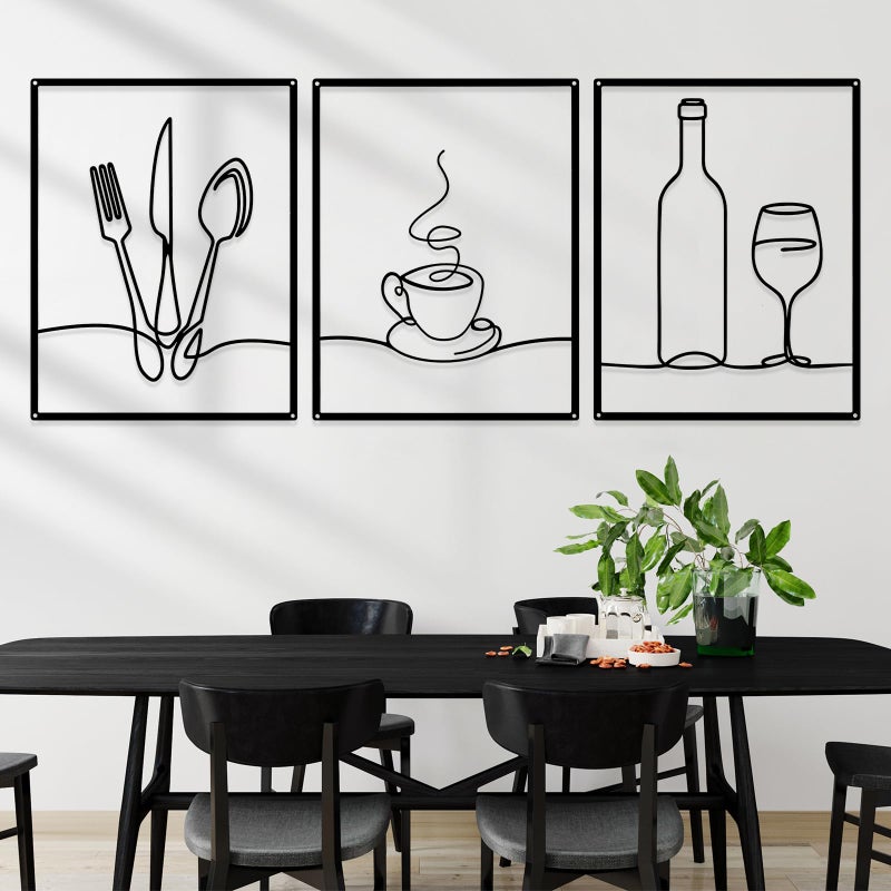 Otoolling 3 Pieces Metal Minimalist Line Kitchen Signs Wall Decor Drawing Rustic Kitchen Wall Art for Kitchen Dining Living Room Home, 14 x 11 Inches (Black) - Image 1
