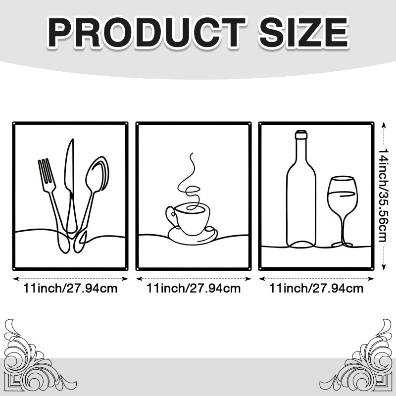 Otoolling 3 Pieces Metal Minimalist Line Kitchen Signs Wall Decor Drawing Rustic Kitchen Wall Art for Kitchen Dining Living Room Home, 14 x 11 Inches (Black) - Image 2