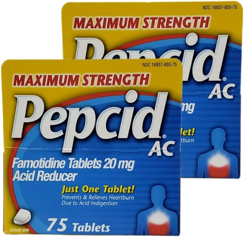 Pepcid AC Maximum Strength Pack of 2 Boxes 75 Tablets Per Box 150 Tablets Total Prevents Relieves Heartburn Due to Acid Indigestion Sour Stomach 20mg of Famotidine - Image 1