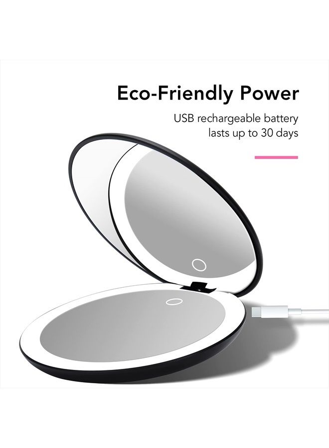 Fancii LED Lighted Travel Makeup Mirror, Rechargeable with 10x/1x Magnifying & 3 Light Settings - Compact, Portable, Large 5” Wide Hand Mirror for Handbag and Purses (Black) - Image 3