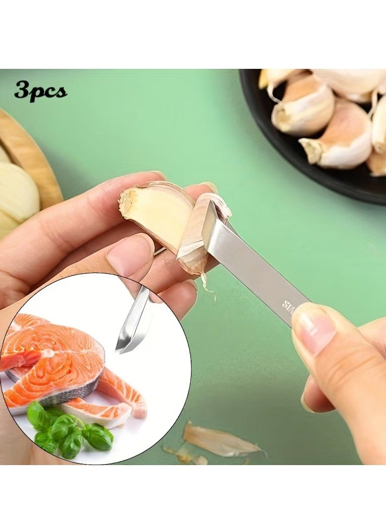 3 Pack Stainless Steel Garlic Peeler - Garlic Peeler Clip Peel Remover, Fishbone Remover, Hair Remover - Easily Remove Garlic Peel - Avoid Garlic Smell on Hands  - Image 1