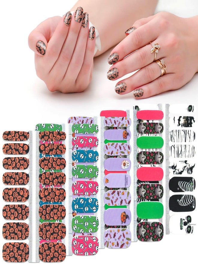 SILPECWEE 5 Sheets Halloween Nail Wraps for Women Nail Polish Strips Self Adhesive Nail Polish Stickers Skull Pumpkin Ghost Gel Nail Strips Nail Art Accessories with 1pc Nail File - Image 1