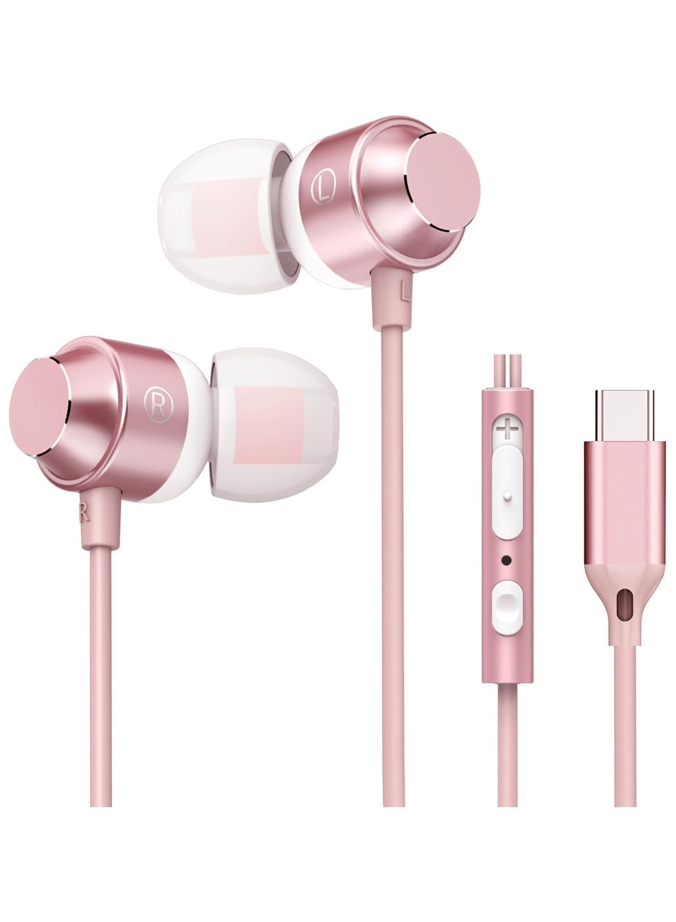 USB C Earbuds Rose Gold, Type C in Ear Headphones Wired, Stereo Bass Pink Earphones with Micphone and Volume Control, for 15 Pro Max 15 Plus iPad Pro USB C Earphones