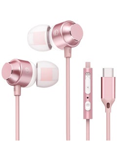 USB C Earbuds Rose Gold, Type C in Ear Headphones Wired, Stereo Bass Pink Earphones with Micphone and Volume Control, for 15 Pro Max 15 Plus iPad Pro USB C Earphones