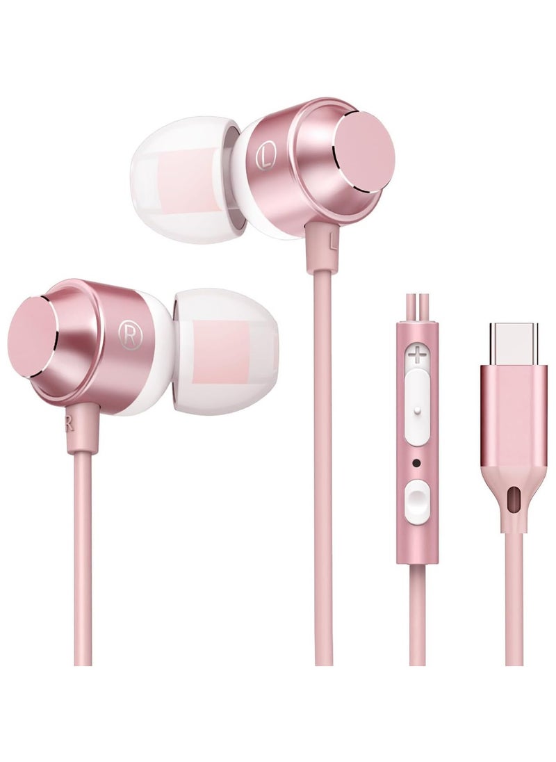 GUDOO - USB C Earbuds Rose Gold, Type C in Ear Headphones Wired, Stereo Bass Pink Earphones with Micphone and Volume Control, for 15 Pro Max 15 Plus iPad Pro USB C Earphones - Image 1