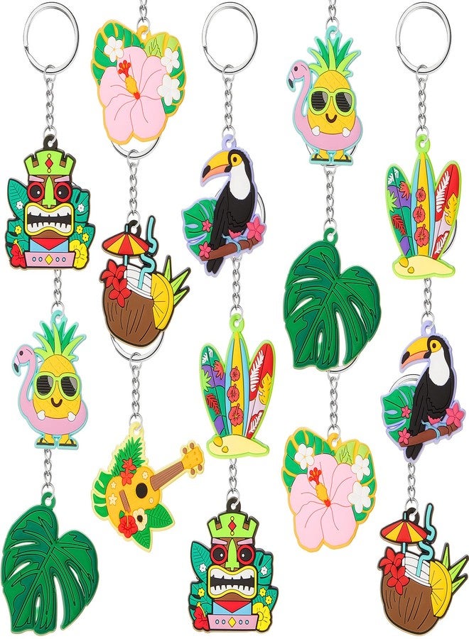 Highergo 32 Pcs Hawaiian Luau Party Keychain Tropical Flamingo Pineapple Surfboard Key Ring Aloha Beach Pool Party Favors Supplies for Hawaiian Holiday Gifts - Image 1