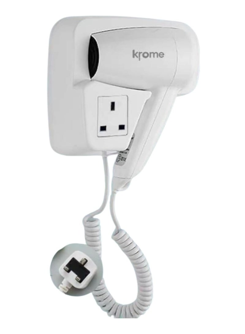 كروم مجفف شعر فندقي قوة 1300 وات مع مخرج طاقة ثلاثي (ابيض) يمكن تركيبه على الجدار - Image 1