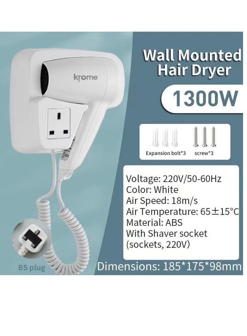 كروم مجفف شعر فندقي قوة 1300 وات مع مخرج طاقة ثلاثي (ابيض) يمكن تركيبه على الجدار - Image 2