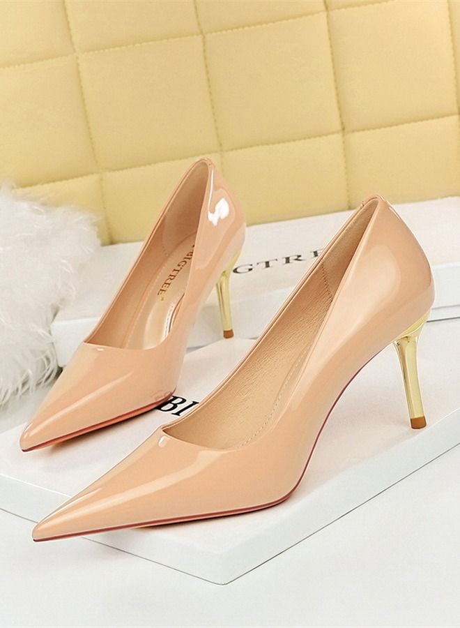 BIGTREE حذاء بكعب عالٍ مدبب من المعدن 7 سم، بيج - Image 1