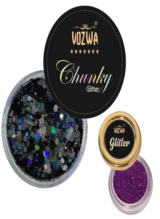 Vozwa Black Beauty Eyeshadow Chunky Glitter and Holographic Purple Eye Glitter - Image 2