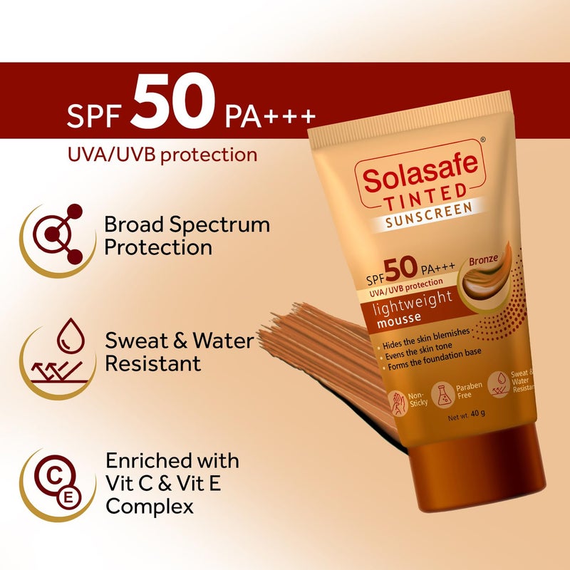 Solasafe واقٍ من الشمس سولاسيف بلون برونزي داكن SPF 50 حماية واسعة النطاق تصحيح لون البشرة تركيبة خفيفة مناسبة لجميع أنواع البشرة - Image 3