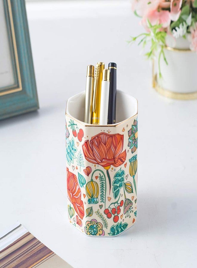 YOSCO Ceramic Pen Holder For Desk Cute Flower Stand Aesthetic Floral Pencil Cup Pot Desk Organizer Makeup Brush Holder Gift for Girls Women (Flower) - Image 2