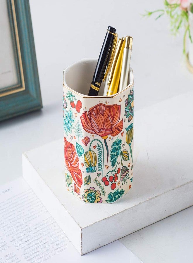 YOSCO Ceramic Pen Holder For Desk Cute Flower Stand Aesthetic Floral Pencil Cup Pot Desk Organizer Makeup Brush Holder Gift for Girls Women (Flower) - Image 3