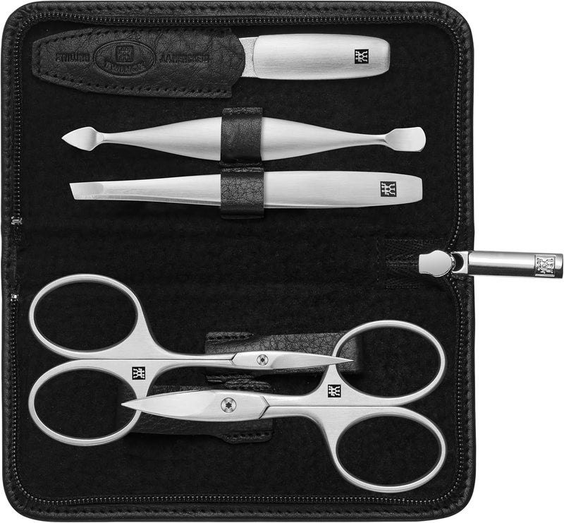 TWINOX manicure and pedicure case made of yak leather with zipper, Premium nail care, 5-piece, Black