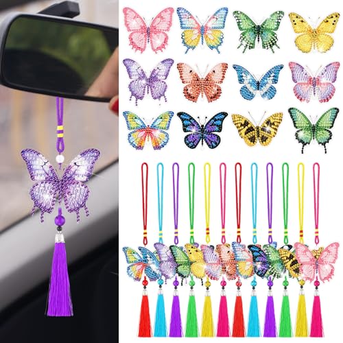 JenPen 12 Pcs Butterfly Diamond Art Kits Diamond Painting Car Ornaments Double Sided Butterfly Painting Keychain Hanging Ornament DIY Crafts Crystal Gem Paint for Adult Beginner Gifts - Image 1