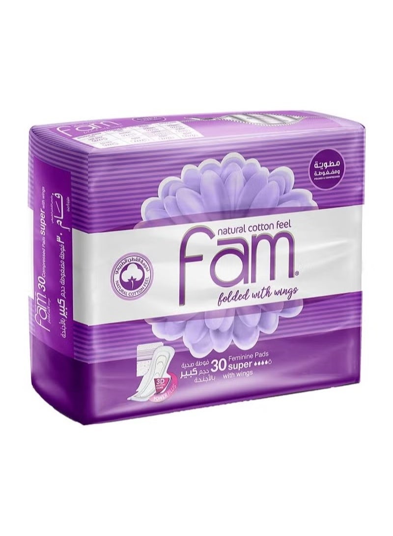 فام فوط صحية مطوية ومضغوطة بالأجنحة حجم كبير، سطح بملمس القطن الطبيعي، 30 قطعة - Image 1