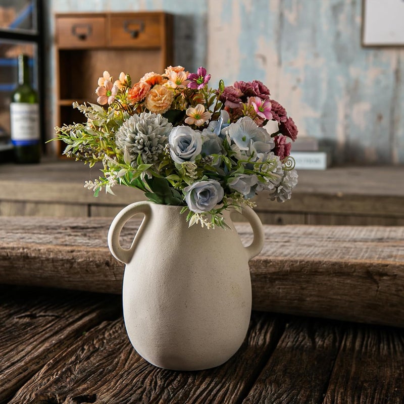 Tanvecle Off-White Ceramic Vase with 2 Handles, Sandstone Texture for Modern Farmhouse Decor, Rustic Pottery, Decorative Flower Vase, Clay Small Vase, Centerpiece for Dining Table - 7 Inch Tall - Image 3