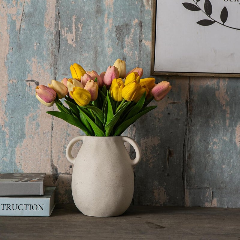 Tanvecle Off-White Ceramic Vase with 2 Handles, Sandstone Texture for Modern Farmhouse Decor, Rustic Pottery, Decorative Flower Vase, Clay Small Vase, Centerpiece for Dining Table - 7 Inch Tall - Image 5