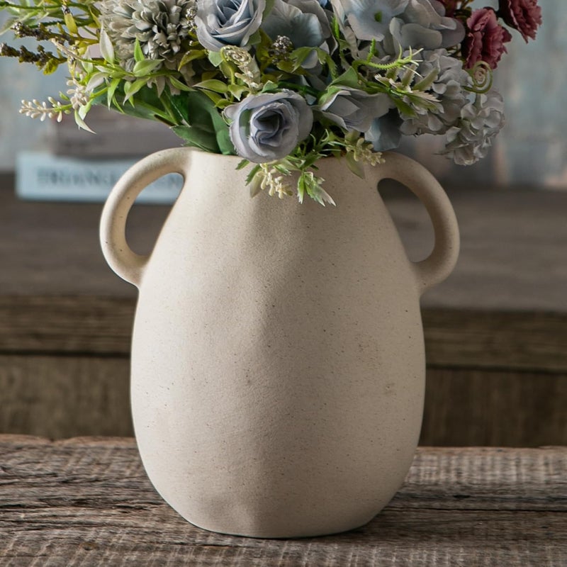 Tanvecle Off-White Ceramic Vase with 2 Handles, Sandstone Texture for Modern Farmhouse Decor, Rustic Pottery, Decorative Flower Vase, Clay Small Vase, Centerpiece for Dining Table - 7 Inch Tall - Image 1