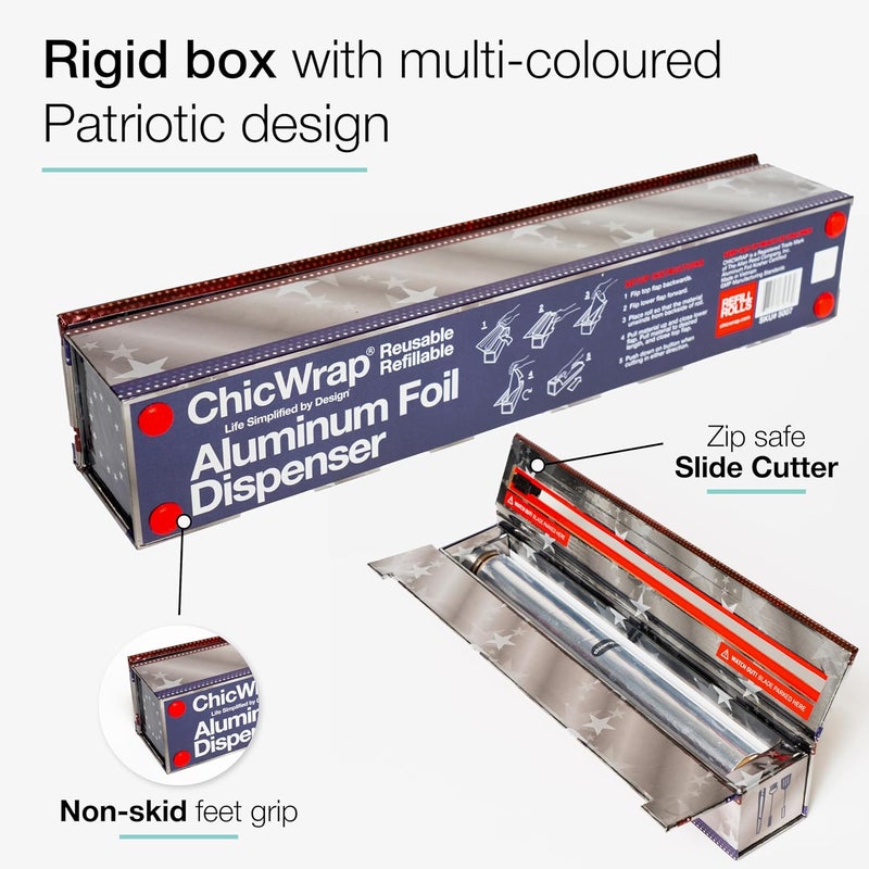 ChicWrap Patriotic Refillable Foil Dispenser - One 12"x 30' Roll of Professional Grade Aluminum Foil - Reusable Dispenser w/Slide Cutter - Kosher Certified - Reduces Waste & Saves Money - Image 3
