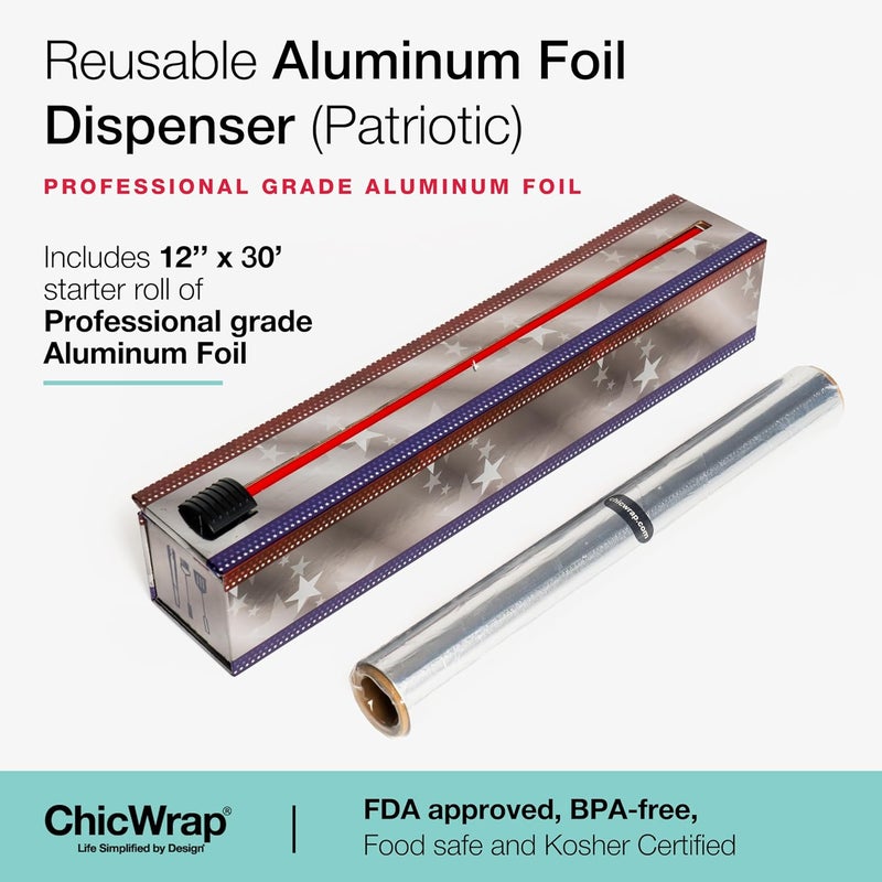 ChicWrap Patriotic Refillable Foil Dispenser - One 12"x 30' Roll of Professional Grade Aluminum Foil - Reusable Dispenser w/Slide Cutter - Kosher Certified - Reduces Waste & Saves Money - Image 2