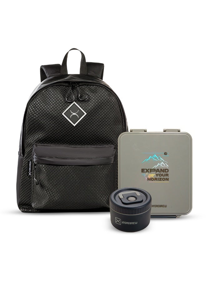 HYDROBREW حقيبة ظهر HYDROBREW 17" مع صندوق غداء بنتو - أسود - Image 1