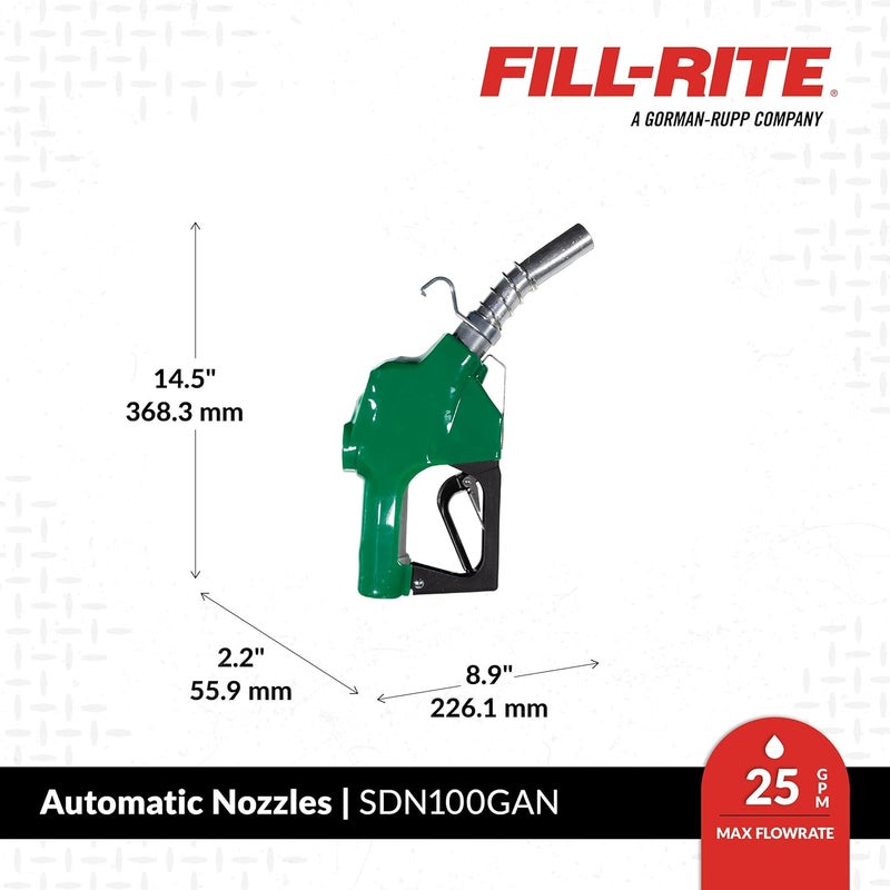 FILL RITE SDN100GAN 1” 5 to 25 GPM Automatic Standard Duty Fuel Transfer Nozzle, Green - For Gasoline, Diesel, Biodiesel up to B20, E15 & Kerosene - Image 3