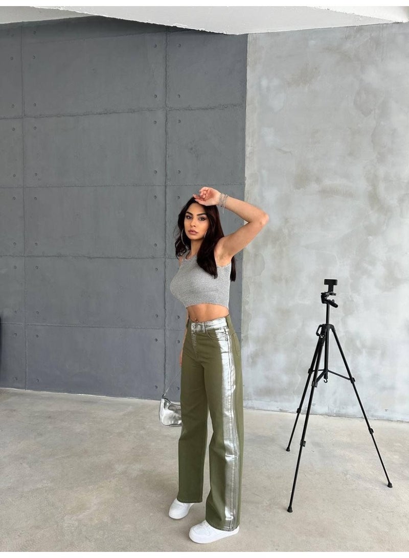 ZAGHOU High Waist Shiny Striped Jeans - Image 1