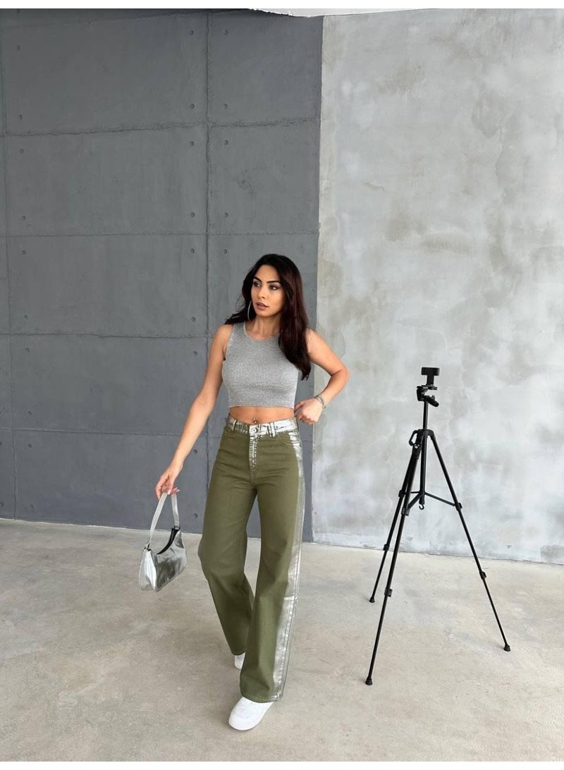 ZAGHOU High Waist Shiny Striped Jeans - Image 3
