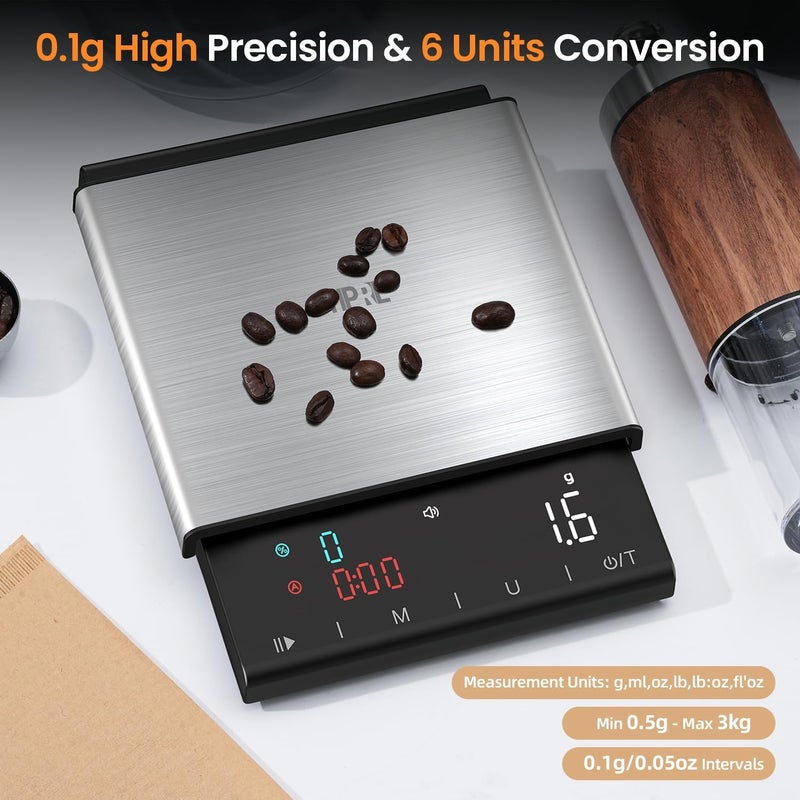 TIPRE Coffee Scale with Timer, 0.1g High Precision Espresso Scale, Pour Over Coffee Weight Scale Rechargeable Coffee Scale for Espresso with Color LED Display, Touch Sensor, Silicone Cover - Image 3