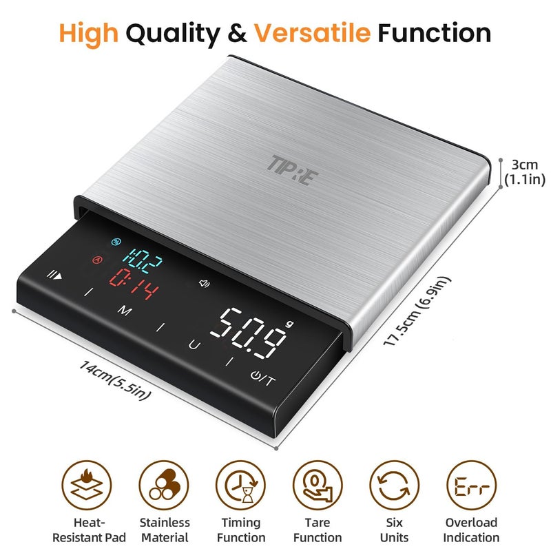 TIPRE Coffee Scale with Timer, 0.1g High Precision Espresso Scale, Pour Over Coffee Weight Scale Rechargeable Coffee Scale for Espresso with Color LED Display, Touch Sensor, Silicone Cover - Image 2