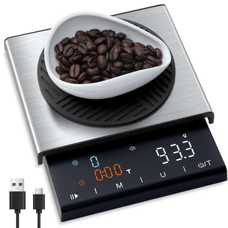 TIPRE Coffee Scale with Timer, 0.1g High Precision Espresso Scale, Pour Over Coffee Weight Scale Rechargeable Coffee Scale for Espresso with Color LED Display, Touch Sensor, Silicone Cover - Image 1