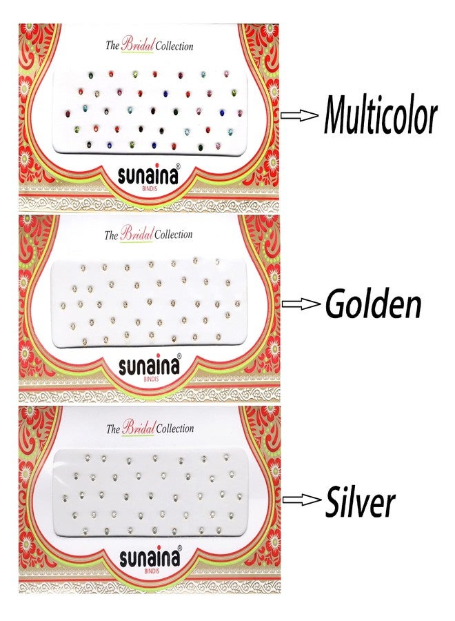 Sunaina Small Round MultiColor||Golden|| Silver Shiny Stone Matching Tikka Bindi for Women & Girls (Pack Of 3) - Image 3