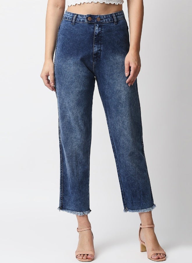 HIGH STAR Women Blue Straight Fit High-Rise Light Fade Acid Wash Stretchable Jeans 