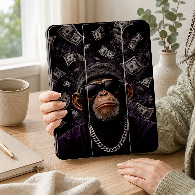 Tablet Case for iPad, Money Rain Monkey With Sunglasses, iPad Protective Case for Mini Air Pro 4 5 6 7 8 9 10 11 12, for 7.9 8.3 9.7 10.2 10.5 10.9 11 12.9 13 inch Clear Acrylic Shockproof Cover with Stand - Image 1