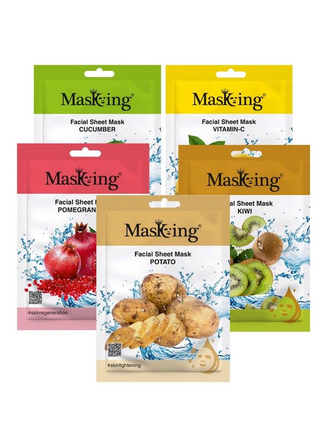 MASKING Beauty Facial Sheet Mask Cucumber Lemon Pomegranate Kiwi & Potato For Skin Calming Brightening Regeneration Glowing & Lightening For Women& Men 100Ml (Combo Of 5) - Image 2