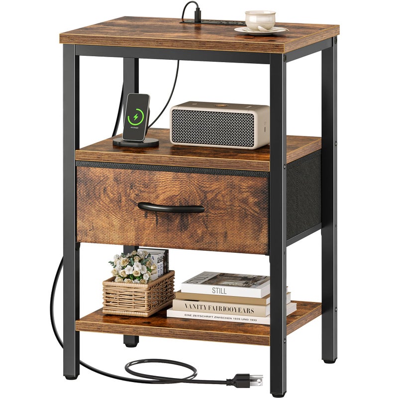 SUPERJARE طاولة جانبية SUPERJARE مع محطة شحن طاولة بجانب السرير مع درج قماش قابل للتعديل طاولة جانبية لغرفة النوم 3 طبقات تخزين طاولة نهائية لغرفة المعيشة بني ريفي