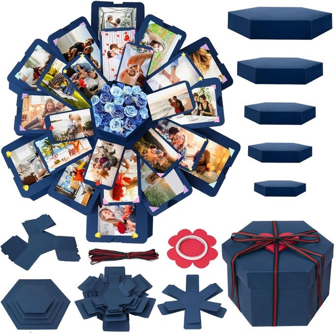 EXPLOSION GIFT BOX BLUE EXPLODING PHOTO ALBUM SURPRISE LOVE BOX WITH DIY SCRAPBOOKING ACCESSORIES FOR ANNIVERSARY BIRTHDAY WEDDING
