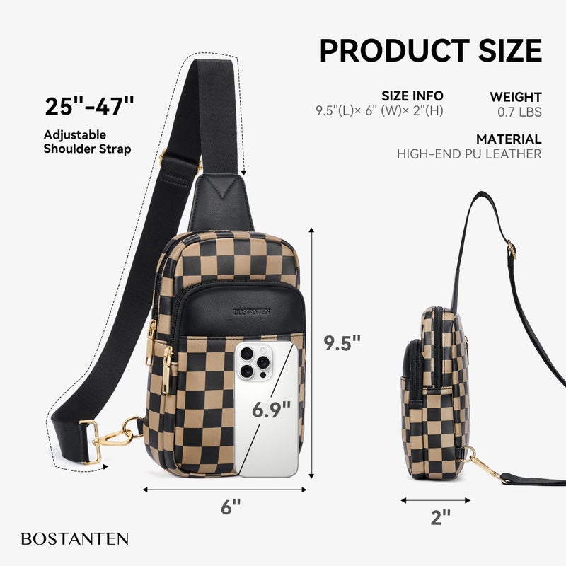 BOSTANTEN Sling Bag Checkered Crossbody Bags for Women Cross Body Purse Leather Fanny Pack with Adjustable Guitar Strap - Image 2
