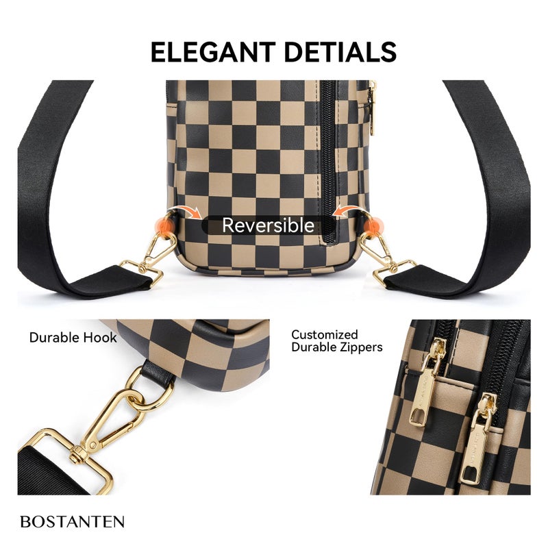 BOSTANTEN Sling Bag Checkered Crossbody Bags for Women Cross Body Purse Leather Fanny Pack with Adjustable Guitar Strap - Image 4
