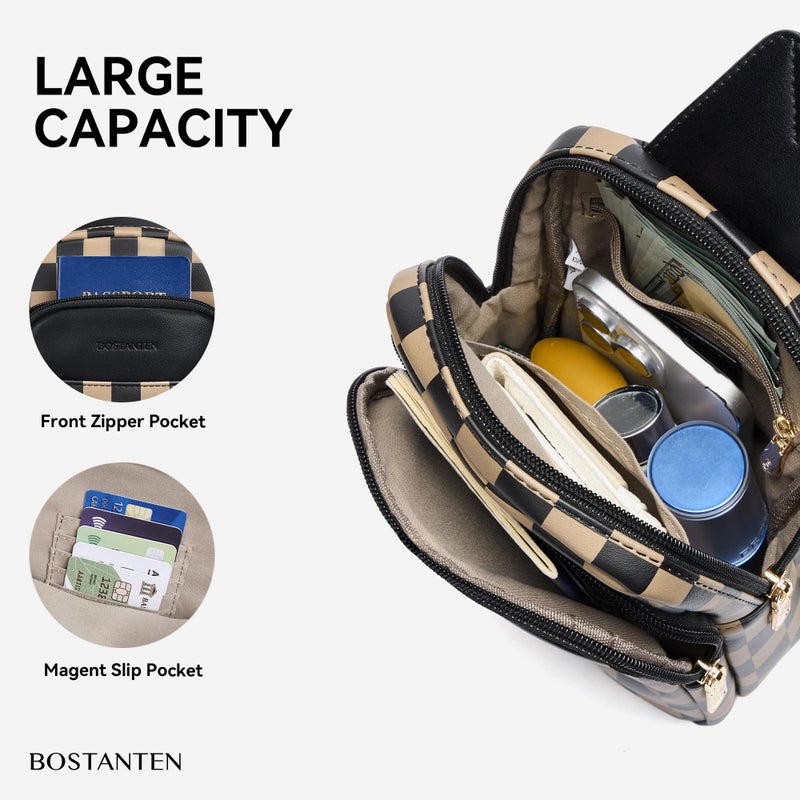 BOSTANTEN Sling Bag Checkered Crossbody Bags for Women Cross Body Purse Leather Fanny Pack with Adjustable Guitar Strap - Image 3