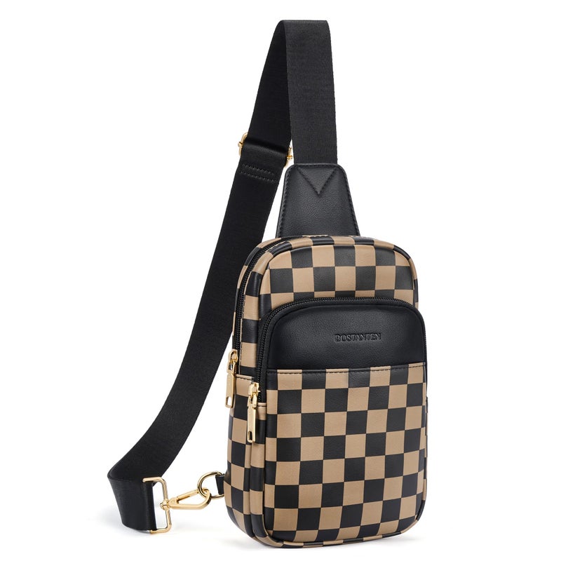 BOSTANTEN Sling Bag Checkered Crossbody Bags for Women Cross Body Purse Leather Fanny Pack with Adjustable Guitar Strap - Image 1