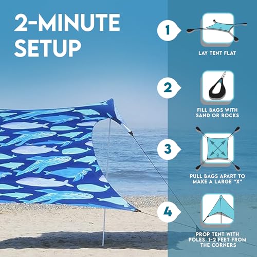 Neso Gigante Portable Beach Tent Sun Shelter - Lightweight Beach Shade Canopy - Easy Setup for Family Outings - Patented Reinforced Corners - UPF 50+ - 8ft Tall, 11 x 11ft - Save The Whales - Image 5