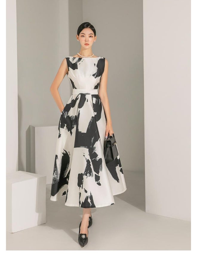 Madam Uniq New Watercolor Ink Art Printed Sleeveless High-Waisted A-Line Dress for Women  - Image 1