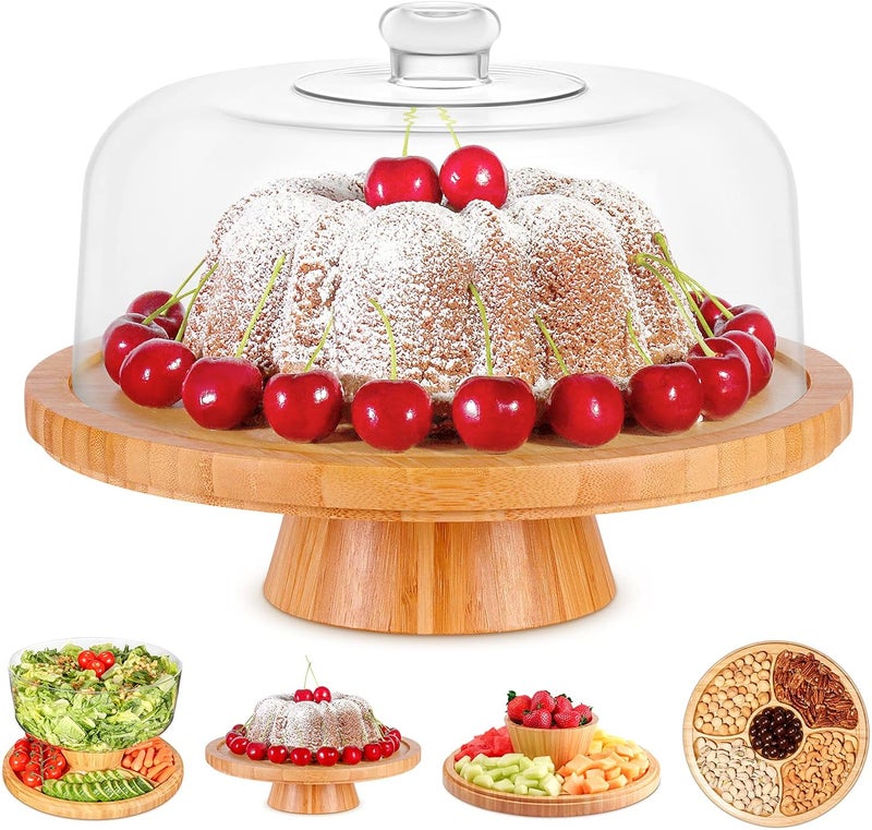 Homeries حامل كعكة من الخيزران مع غطاء، طبق كعكة، (6 في 1) صينية تقديم متعددة الوظائف، حامل كعكة كبير مع قبة، حامل عرض كعكة مع غطاء وقبة كعكة - استخدمه كحامل كعكة، غطاء كعكة - Image 1