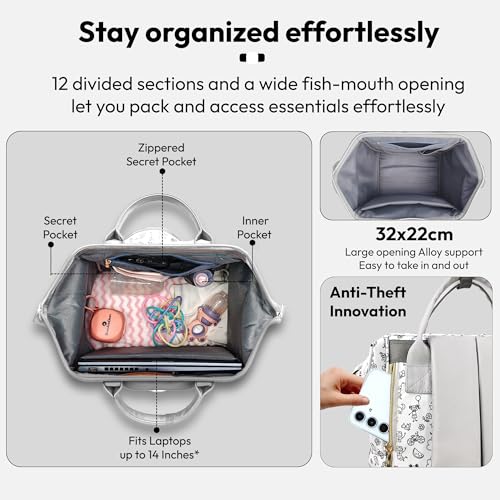 StarAndDaisy Baby Diaper Bag for Mother Travel/Diaper Bags for Mother for Travel with Laptop Pocket, Multi Compartments, Insulated Bottle Pockets, Waterproof, Ultra soft fabric -Printed Grey - Image 4