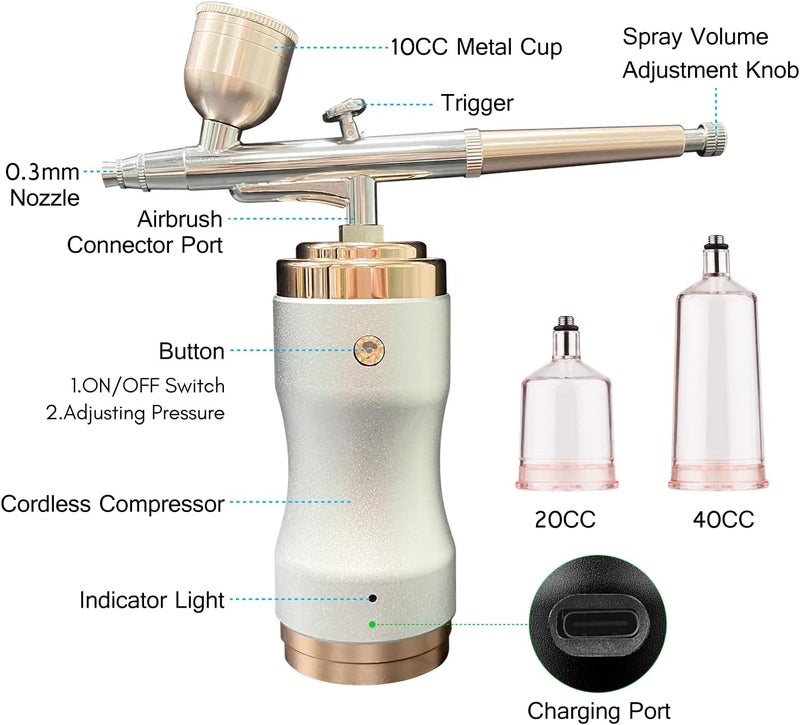 Airbrush Kit with Compressor, Portable Cordless Airbrush Gun, Rechargeable Handheld Mini Air Compressor Airbrush, for Makeup, Cake Decor, Model Coloring, Nail Art, Tattoo Barber - Image 5