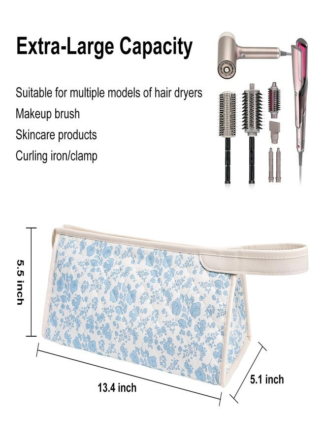 idoltimes Quilted Hair Tools Travel Bag, Compatible with Dyson Airwrap Styler, Portable Cotton Floral Organizer Case for Shark FlexStyle Attachments Storage, Blue Flower - Image 3